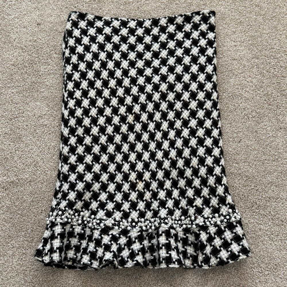 I.C.E Houndstooth‎ Fishtail Skirt Black White Beaded Pearl Trim Lined Y2K Size 8 - Picture 5 of 8